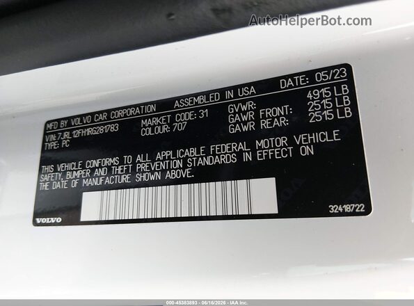 7JRL12FH1RG281783 2024 VOLVO S60 White Widok komory silnika