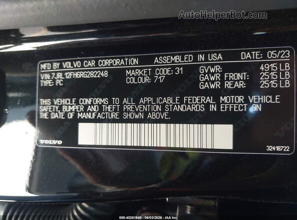 7JRL12FH6RG282248 2024 VOLVO S60 Black Շարժիչի բաժամունքի տեսք