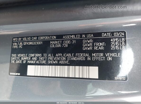 7JRL12FK9RG323001 2024 VOLVO S60 Gray Vista del compartimento del motor