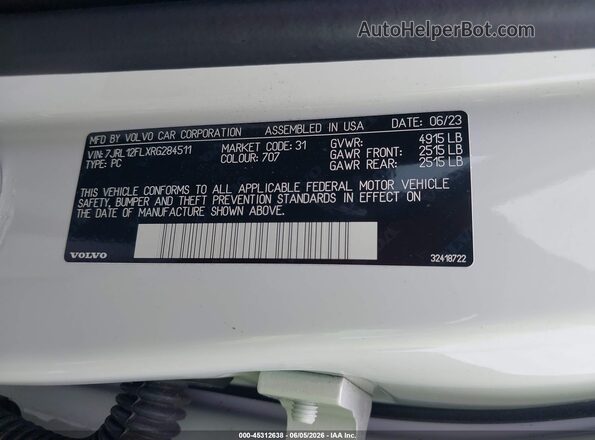 7JRL12FLXRG284511 2024 VOLVO S60 Белый Вид подкапотного пространства