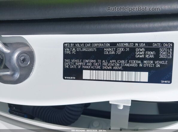 7JRL12TL0RG326575 2024 VOLVO S60 White Vista del compartimento del motor