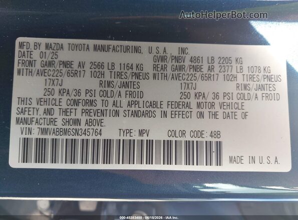 7MMVABBM6SN345764 2025 MAZDA CX-5 Blue Vista del compartimento del motor
