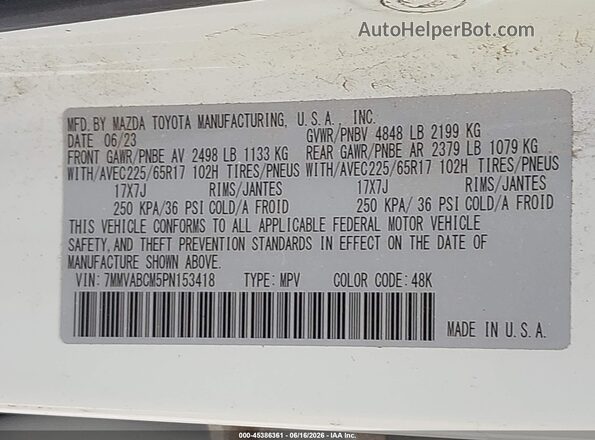 7MMVABCM5PN153418 2023 MAZDA CX-5 White Вид підкапотного простору