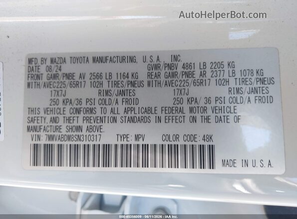 7MMVABDM8SN310317 2025 MAZDA CX-5 White Vista del compartimento del motor