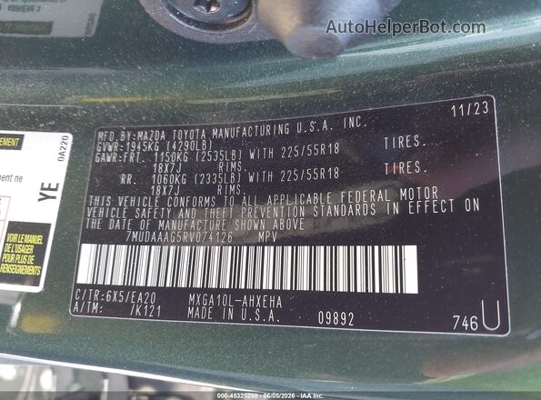 7MUDAAAG5RV074126 2024 TOYOTA COROLLA CROSS Green Вид підкапотного простору