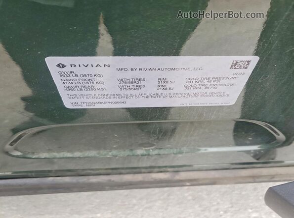 7PDSGABA0PN005642 2023 RIVIAN R1S Зеленый Вид наклейки с VIN-кодом