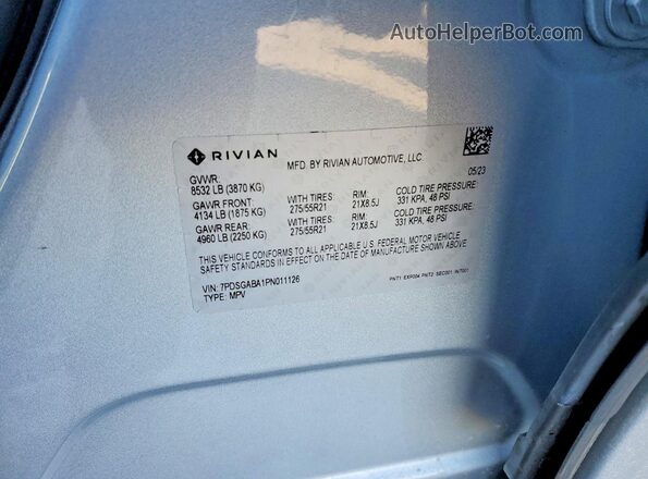 7PDSGABA1PN011126 2023 RIVIAN R1S Silver VIN sticker view
