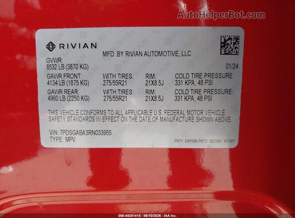 7PDSGABA3RN033955 2024 RIVIAN R1S Red Engine compartment view