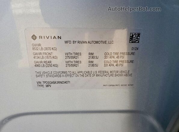 7PDSGABA3RN034071 2024 RIVIAN R1S Gray Вид наклейки з VIN-кодом