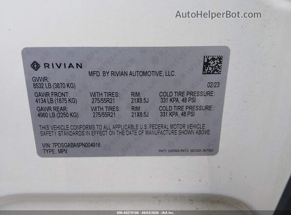 7PDSGABA6PN004916 2023 RIVIAN R1S White Вид підкапотного простору