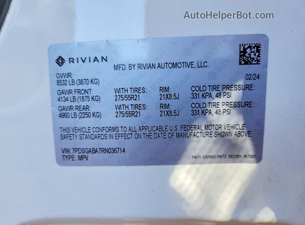 7PDSGABA7RN036714 2024 RIVIAN R1S White VIN კოდის სტიკერის ხედი