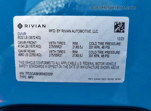 7PDSGABA9RN033281 2024 RIVIAN R1S Blue Widok naklejki z numerem VIN