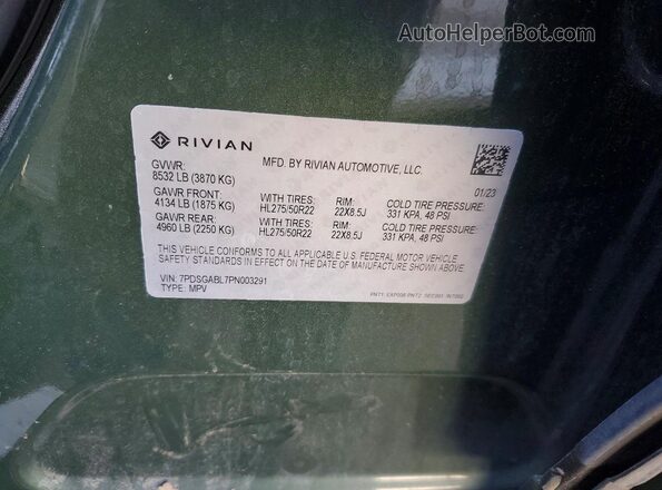 7PDSGABL7PN003291 2023 RIVIAN R1S Green Vista de la etiqueta del VIN