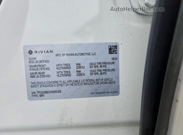 7PDSGBBA2SN055358 2025 RIVIAN R1S White Vista de la etiqueta del VIN