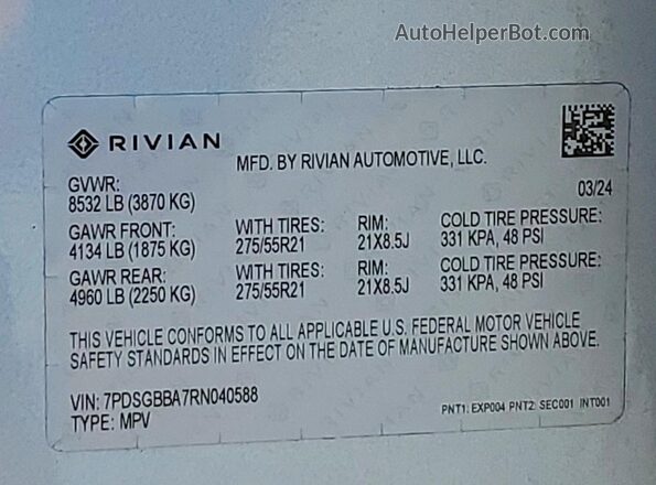 7PDSGBBA7RN040588 2024 RIVIAN R1S Silver VIN კოდის სტიკერის ხედი