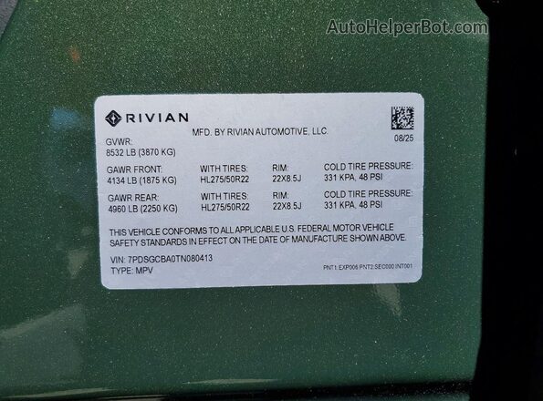 7PDSGCBA0TN080413 2026 RIVIAN R1S Зеленый Панорамный вид салона 360°