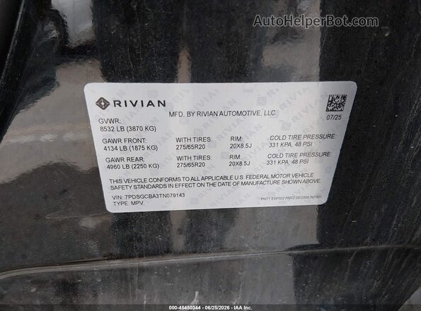 7PDSGCBA3TN079143 2026 RIVIAN R1S Black Vista del compartimento del motor