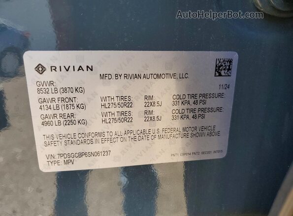 7PDSGCBP6SN061237 2025 RIVIAN R1S Gray Vista de la etiqueta del VIN