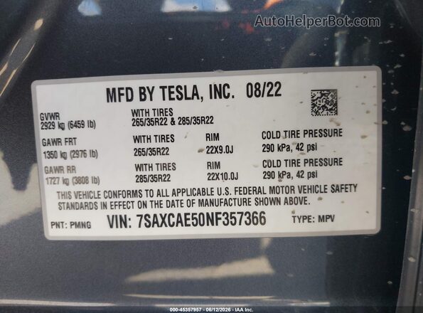 7SAXCAE50NF357366 2022 TESLA MODEL X Black Вид підкапотного простору