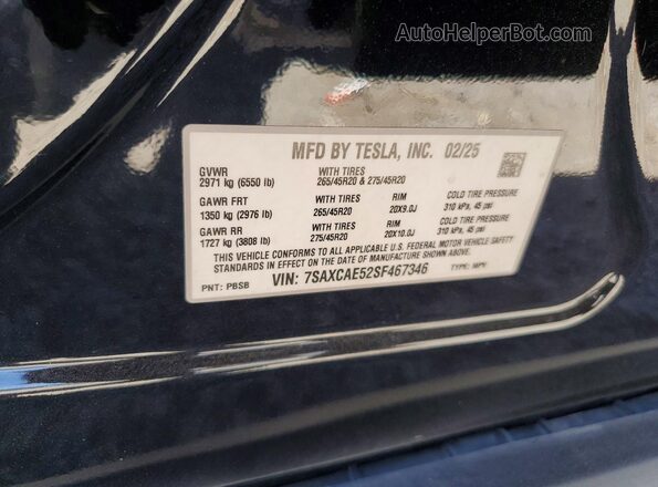 7SAXCAE52SF467346 2025 TESLA MODEL Black VIN კოდის სტიკერის ხედი