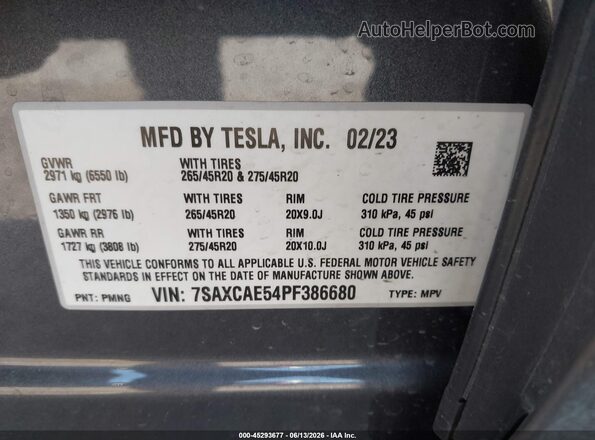 7SAXCAE54PF386680 2023 TESLA MODEL X Синий Вид подкапотного пространства