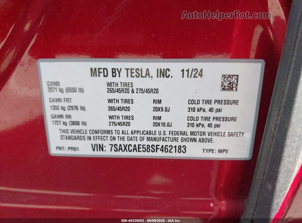 7SAXCAE58SF462183 2025 TESLA MODEL X Red ძრავის განყოფილების ხედი