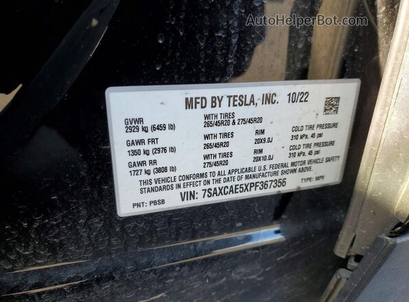 7SAXCAE5XPF367356 2023 TESLA MODEL Black VIN sticker view