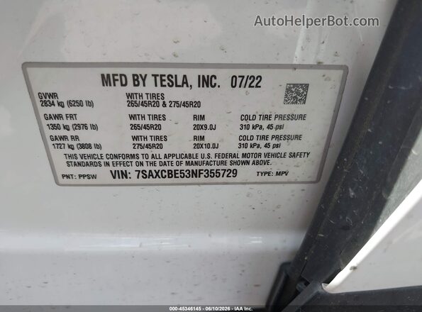 7SAXCBE53NF355729 2022 TESLA MODEL X White Widok komory silnika