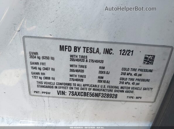 7SAXCBE56NF328928 2022 TESLA MODEL X Белый Вид подкапотного пространства