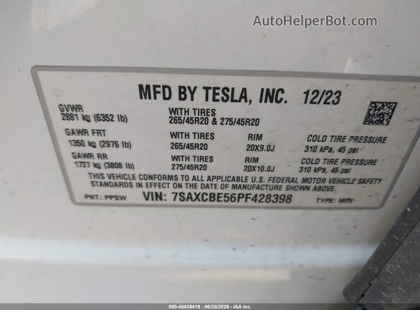 7SAXCBE56PF428398 2023 TESLA MODEL X White Вид підкапотного простору