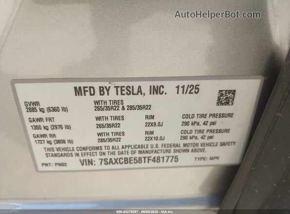 7SAXCBE58TF481775 2026 TESLA MODEL X Silver Вид підкапотного простору