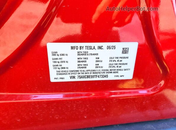 7SAXCBE59TF473345 2026 TESLA MODEL Бордовый Панорамный вид салона 360°