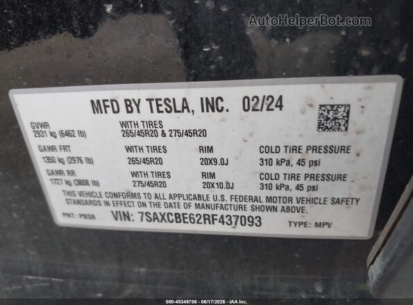 7SAXCBE62RF437093 2024 TESLA MODEL X Black Շարժիչի բաժամունքի տեսք