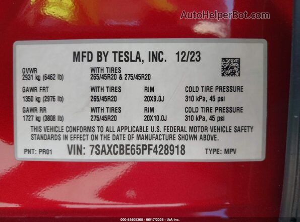 7SAXCBE65PF428918 2023 TESLA MODEL X Burgundy Vista del compartimento del motor