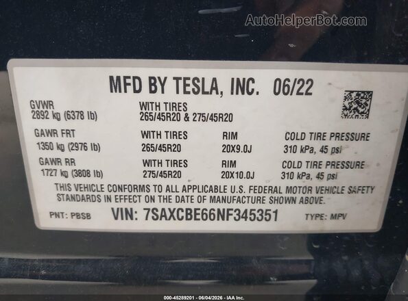 7SAXCBE66NF345351 2022 TESLA MODEL X Black Widok naklejki z numerem VIN