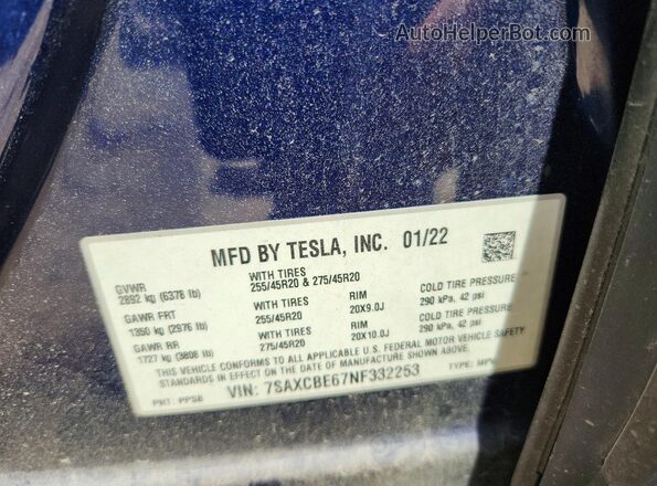 7SAXCBE67NF332253 2022 TESLA MODEL Синий Вид наклейки с VIN-кодом