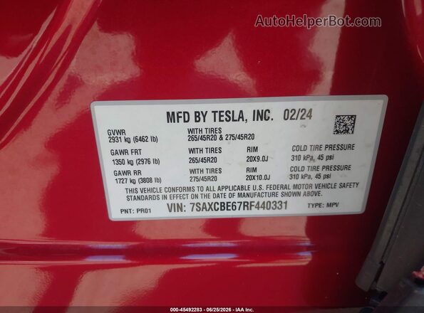 7SAXCBE67RF440331 2024 TESLA MODEL X Red Vista del compartimento del motor