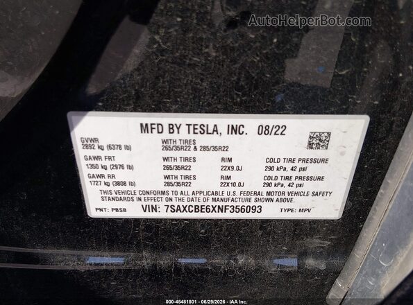 7SAXCBE6XNF356093 2022 TESLA MODEL X Черный Вид подкапотного пространства