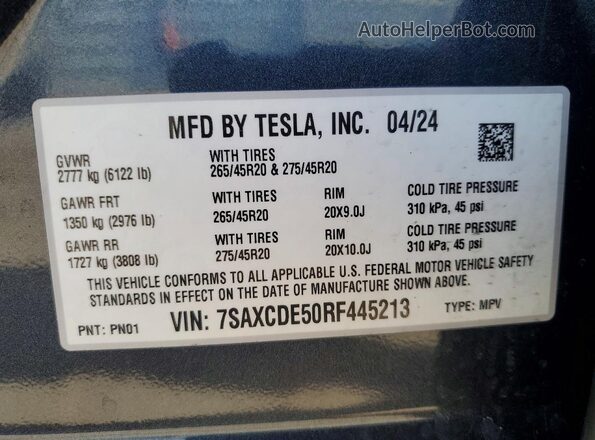 7SAXCDE50RF445213 2024 TESLA MODEL Black VIN կոդի պիտակի տեսք