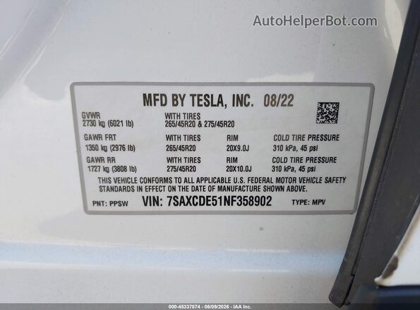 7SAXCDE51NF358902 2022 TESLA MODEL X Белый Вид подкапотного пространства