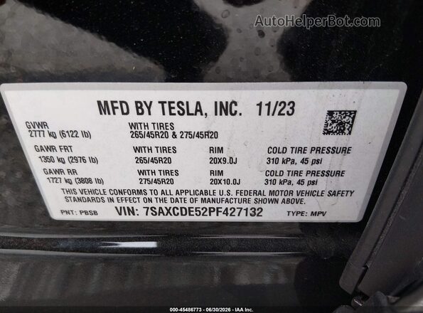 7SAXCDE52PF427132 2023 TESLA MODEL X Black ძრავის განყოფილების ხედი