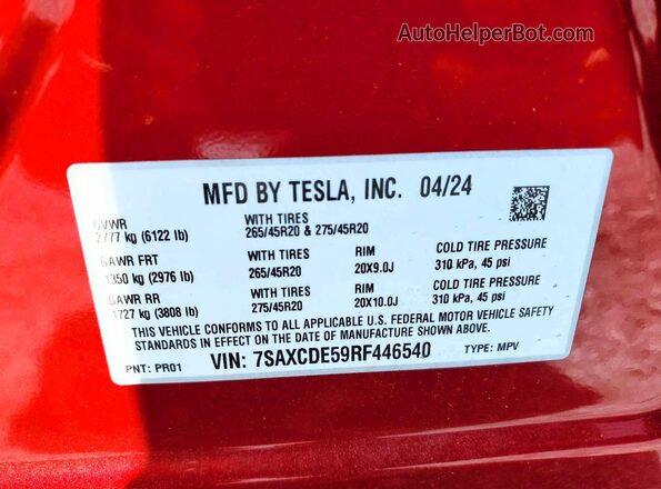 7SAXCDE59RF446540 2024 TESLA MODEL Red Widok naklejki z numerem VIN