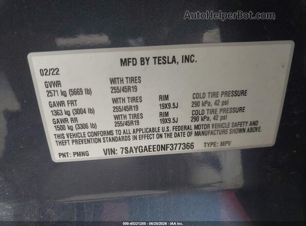 7SAYGAEE0NF377366 2022 TESLA MODEL Y Серый Вид подкапотного пространства