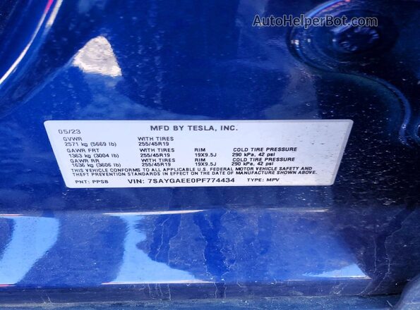 7SAYGAEE0PF774434 2023 TESLA MODEL Blue Vista de la etiqueta del VIN