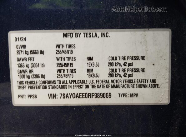 7SAYGAEE0RF989069 2024 TESLA MODEL Y Blue Շարժիչի բաժամունքի տեսք