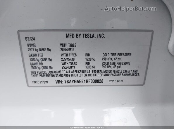 7SAYGAEE1RF030828 2024 TESLA MODEL Y White Вид підкапотного простору