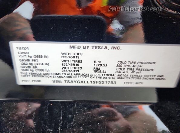 7SAYGAEE1SF221753 2025 TESLA MODEL Black Widok naklejki z numerem VIN
