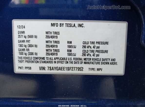 7SAYGAEE1SF277952 2025 TESLA MODEL Y Blue Widok komory silnika