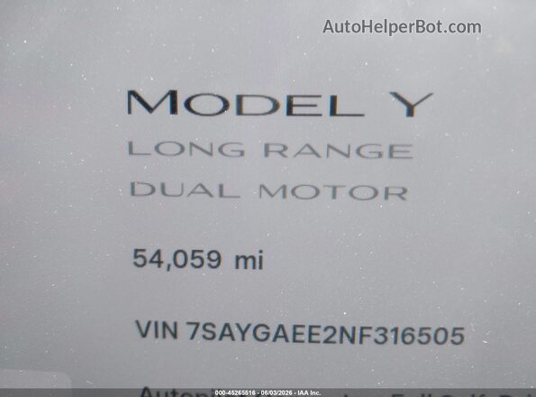 7SAYGAEE2NF316505 2022 TESLA MODEL Y White 