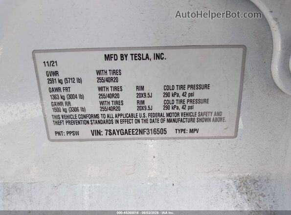 7SAYGAEE2NF316505 2022 TESLA MODEL Y White Engine compartment view